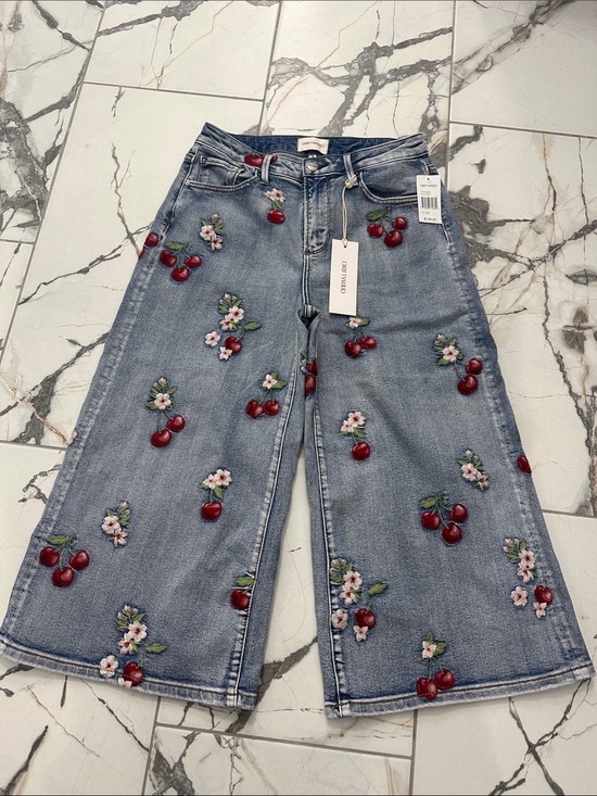 DRIFTWOOD Denim - Embroidered Cherry Wide Leg Denim Culottes - Light Blue